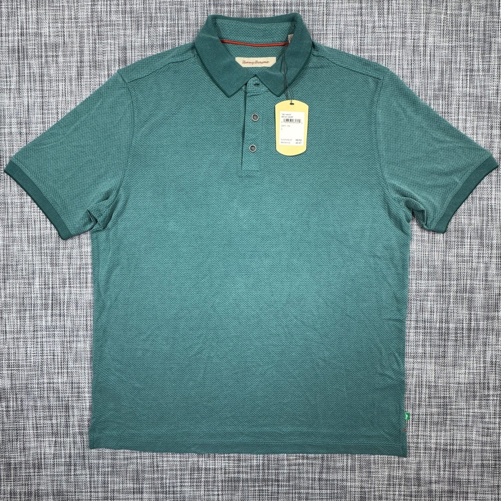 Tommy Bahama Men Large Polo Shirt Teal Chevron Knit Modal Blend Short Sleeve NWT